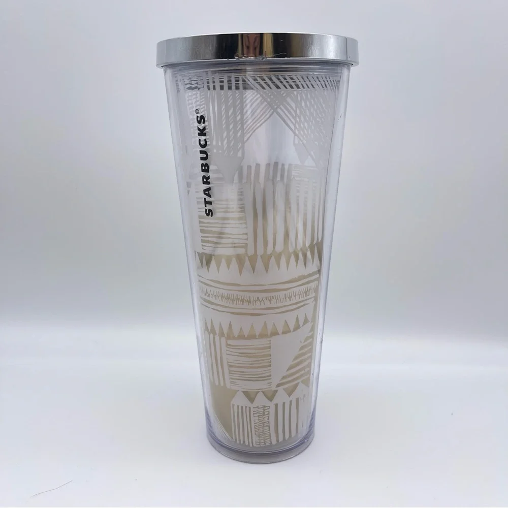 Starbucks 2014 Gold Silver White Ombré Tribal Aztec Geometric Print Tumbler Cup